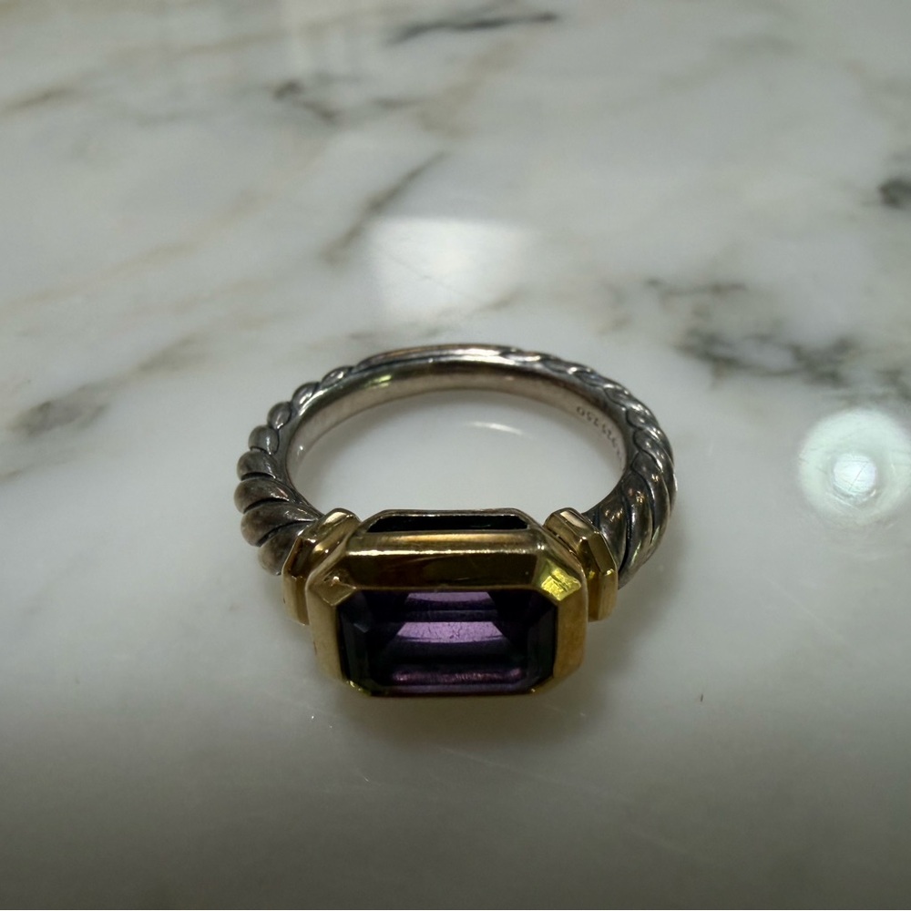 David Yurman Sterling Silver Ring with Amethyst and Gold Bezel, Size 54